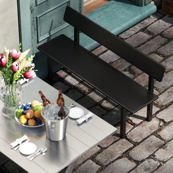 B BALANBO 47 in. Black Farmhouse Solid Wood Dining Bench with Back, Long Wooden Dining Table Bench