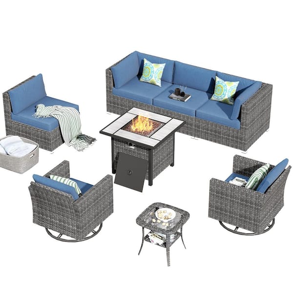 Messi Grey 8-Piece Wicker Outdoor Patio Fire Pit Conversation Sofa Set with Swivel Chairs and Denim Blue Cushions