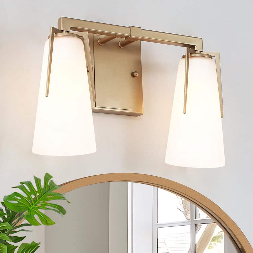 2-Light 13.8 in. Mid-Century Gold Powder Room Vanity Light with Frosted Glass Shades, Modern Transitional Wall Sconce price history on PriceWatchPro