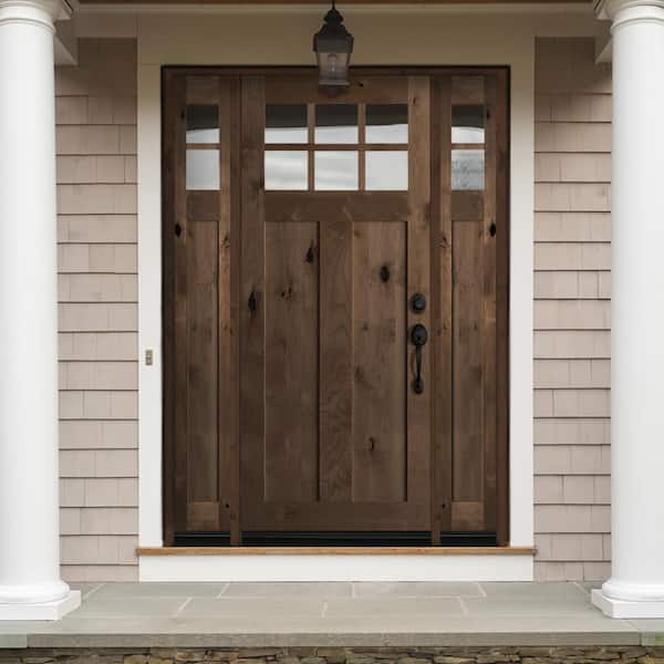 70 in. x 96 in. Craftsman Knotty Alder Wood 6-Lite Clear Stain Left Hand Inswing Single Prehung Front Door/Sidelites