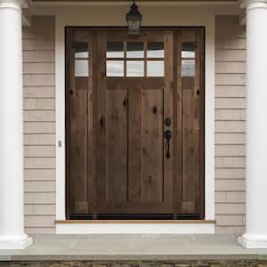 64 in. x 96 in. Craftsman Alder Left-Hand/Inswing 10-Lite Clear Glass Grey Stain Wood Prehung Front Door with Sidelites