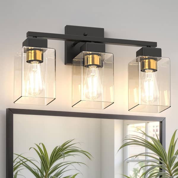 17.71 in. 3-Light Black and Gold Vanity Light with Square Glass Shades, E26 Base, Modern Bathroom Wall Light
