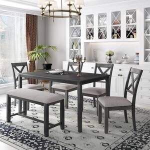 6-Piece Wood Top Gray Dining Table Set with Bench, Kitchen Table Set with 4 Padded Chairs and Bench for Dining Room