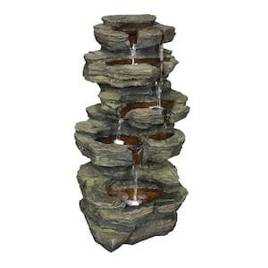 Gray Outdoor Water Fountain Rock Waterfall Fountain & Backyard Water Feature with LED