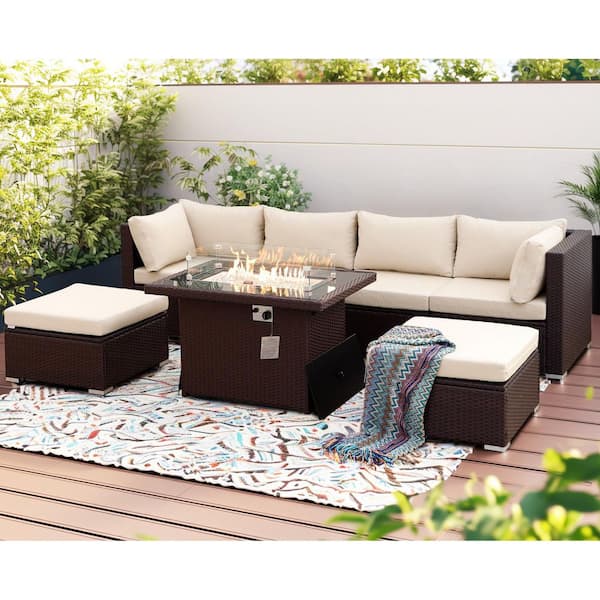 FINCATI Luxury Espresso 7 Piece Wicker Patio Fire Pit Conversation Sectional Sofa Set with Ottomans and Beige Cushions