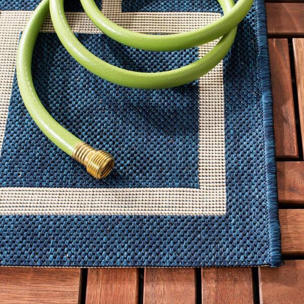 Courtyard Navy/Beige 2 ft. x 10 ft. Geometric Indoor/Outdoor Patio  Runner Rug