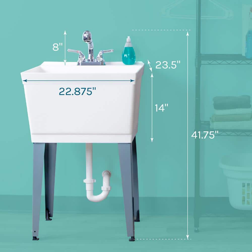 White Thermoplastic Freestanding Utility Sink with Pull-Out Faucet