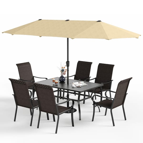 PHI VILLA Black 8-Piece Metal Patio Outdoor Dining Set with Umbrella and Slat Table and Brown Rattan High Back Arm Chairs