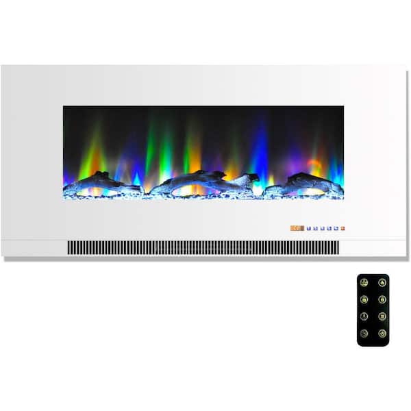 Cambridge 42 in. Wall-Mount Electric Fireplace in White with Multi-Color Flames and Driftwood Log Display