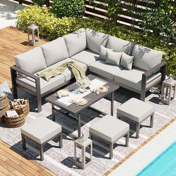 Zeus & Ruta 7-Piece Black Aluminum Outdoor Conversation Set with Gray Cushions and 1-Rectangular Coffee Table