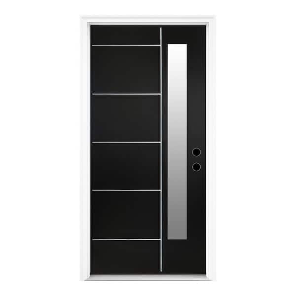 36 in. x 80 in. Flush Left-Hand/Inswing 1-Lite Frosted Glass Black Fiberglass Front Door Slab with Frame, Threshold