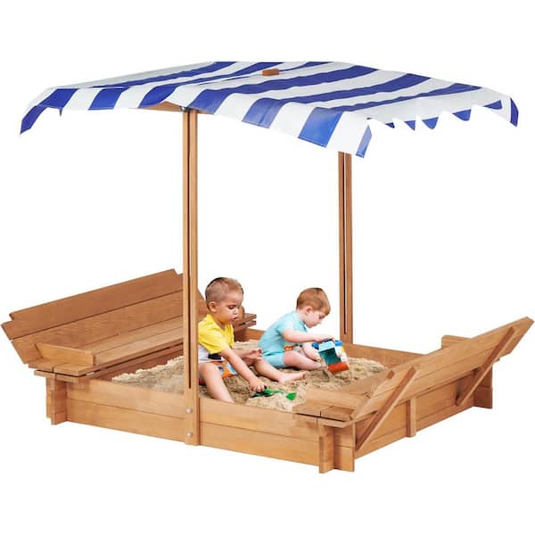 3.8 ft. W x 3.8 ft. L Outdoor Wood Kids Sandbox with Adjustable Cover, 2 Foldable Bench Seats for Backyard Play