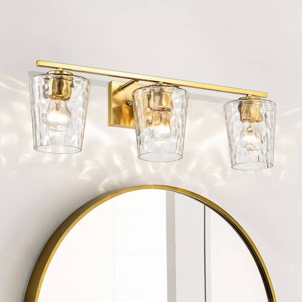 23 in. 3-Light Gold Modern Bathroom Vanity Light with Hammered Clear Glass Shades