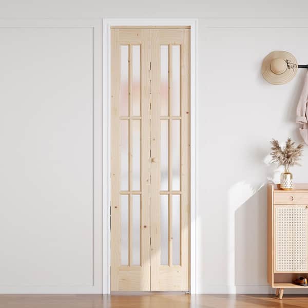 24 in. x 80 in. 6 Lite Pre Assembled Frosted Glass Brown Unfinished Solid Core Wood Bi-fold Door with Hardware