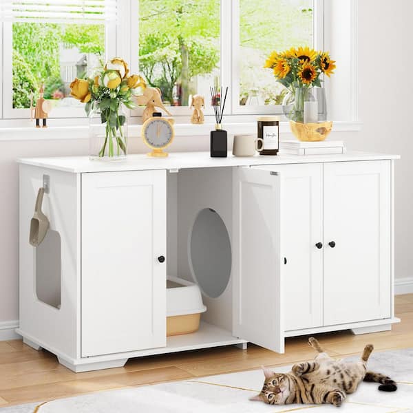 Modern Cat House, Litter Box Enclosure Furniture Hidden, Indoor Cat Washroom Storage Bench for Living Room, White