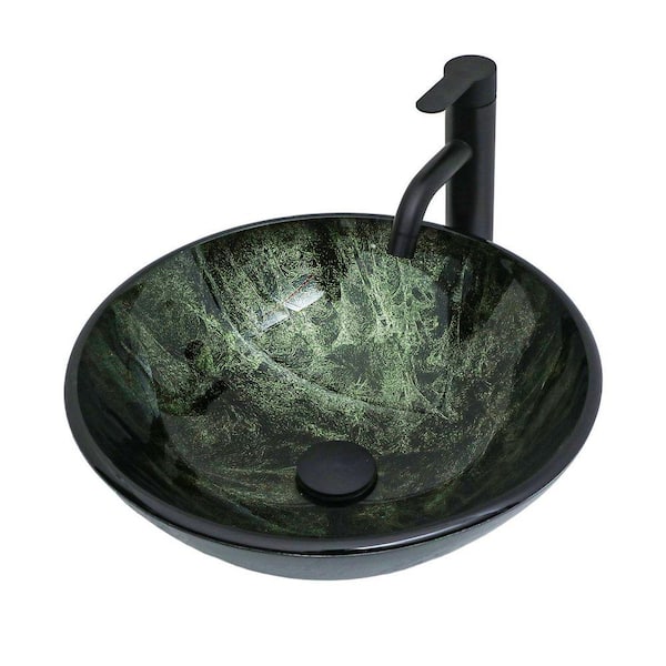 16-1/2 in. Dark Green Glass Round Vessel Bathroom Sink with Black Faucet