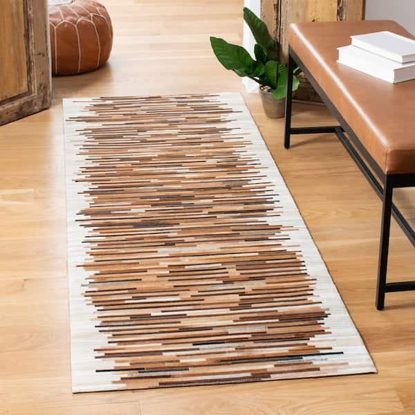 Studio Leather 2 ft. x 9 ft. Ivory/Brown Striped Runner Rug