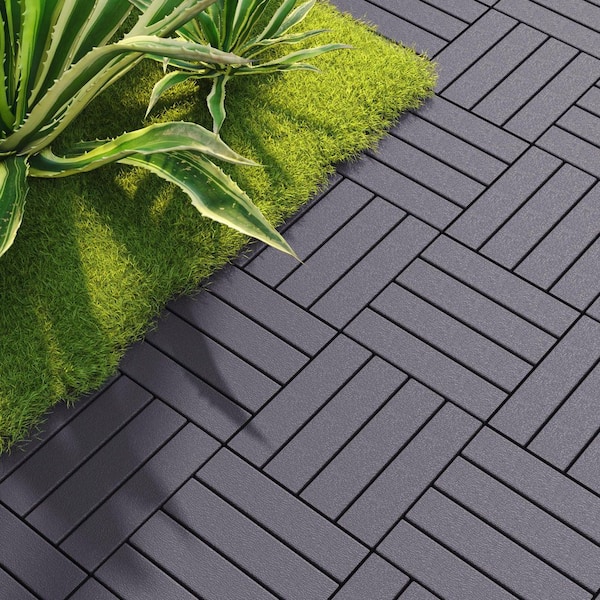 12 in.W x 12 in. L Outdoor Striped Pattern Square Plastic Interlocking Flooring Deck Tiles (Pack of 44 Tiles)in Gray
