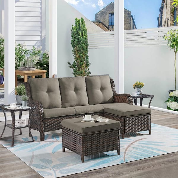 ArcoBay 5-Piece Brown Wicker Outdoor 3-Seat Sectional Couch Sofa Patio Conversation Set with Gray Cushions and Ottomans