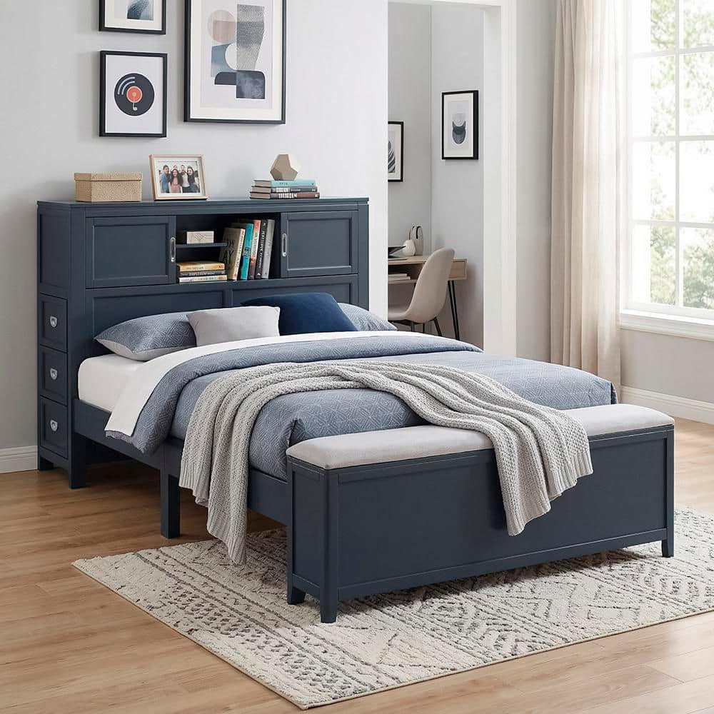 Lazzara Eliza Navy Blue Wood Frame Full Bookcase Platform Bed with