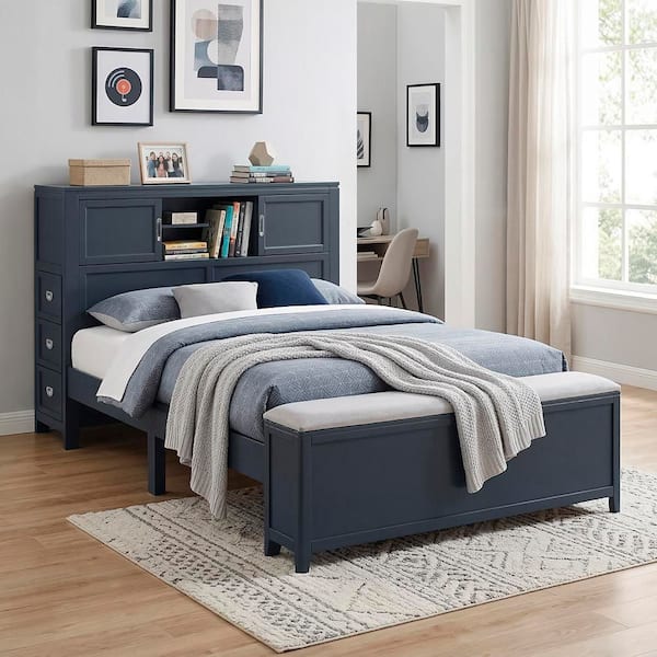 Lazzara Eliza Navy Blue Wood Frame Full Bookcase Platform Bed with