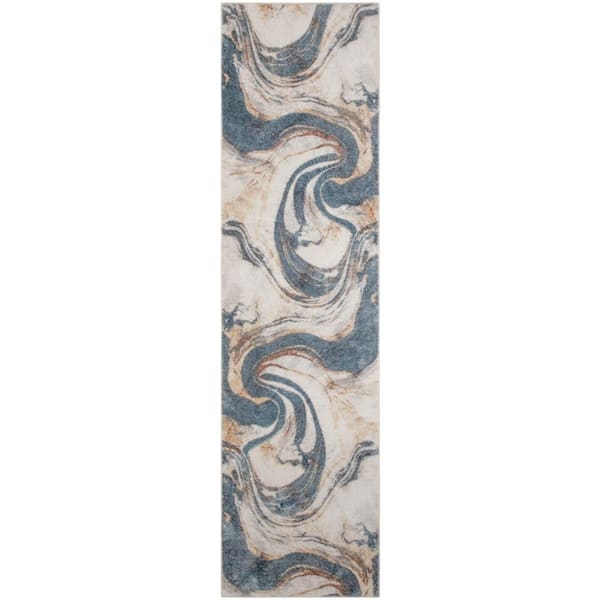 Nourison Astra Machine Washable Ivory Blue 2 ft. x 6 ft. Abstract Contemporary Runner Area Rug