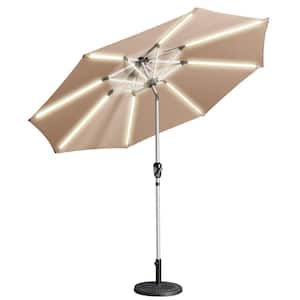 9 ft. Aluminum Market High Quality 3-Way Solar LED Lights Tilt Patio Umbrella in Taupe