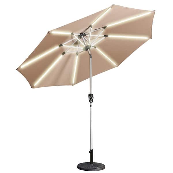 CASAINC 9 ft. Aluminum Market High Quality 3-Way Solar LED Lights Tilt Patio Umbrella in Taupe
