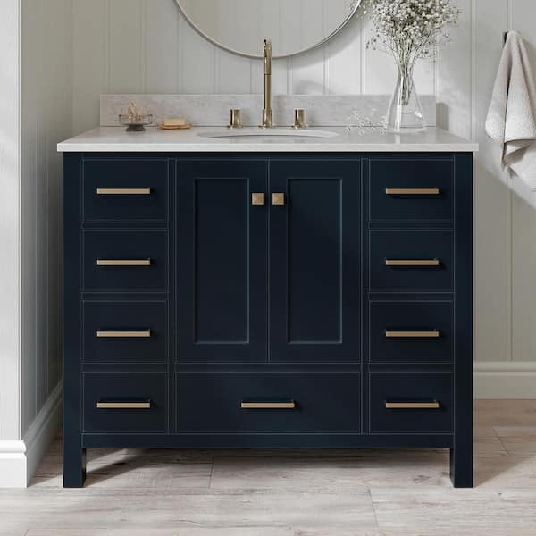 ARIEL Cambridge 43 in. W x 22 in. D x 35.25 in. H Vanity in Midnight Blue with Marble Vanity Top in White with Basin