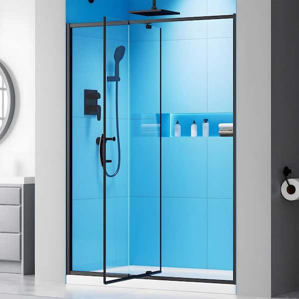 AZDHOME 44-48 in. W x 71 in. H Pivot Semi-Frameless Shower Door in Matte Black with Clear SGCC Tempered Glass