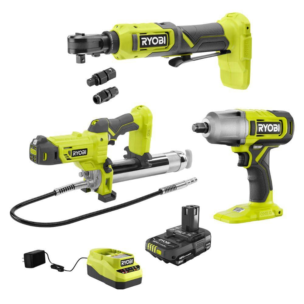 ONE+ 18V Cordless 3-Tool Automotive Combo Kit w/Grease Gun, Multi Size Ratchet, Impact Wrench, 2.0 Ah Battery, & Charger -  RYOBI, PCL13022K1