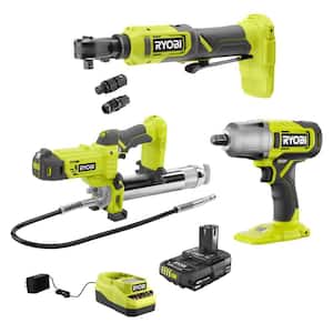 ONE+ 18V Cordless 3-Tool Automotive Combo Kit w/Grease Gun, Multi Size Ratchet, Impact Wrench, 2.0 Ah Battery, & Charger