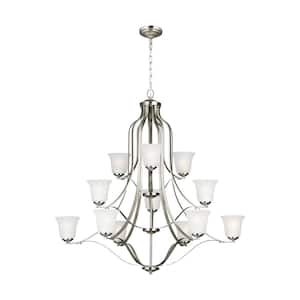 Emmons 12-Light Brushed Nickel Traditional Transitional Hanging Bell Chandelier with Satin Etched Glass Shades