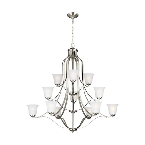 Generation Lighting Emmons 12-Light Brushed Nickel Traditional Transitional Hanging Bell Chandelier with Satin Etched Glass Shades