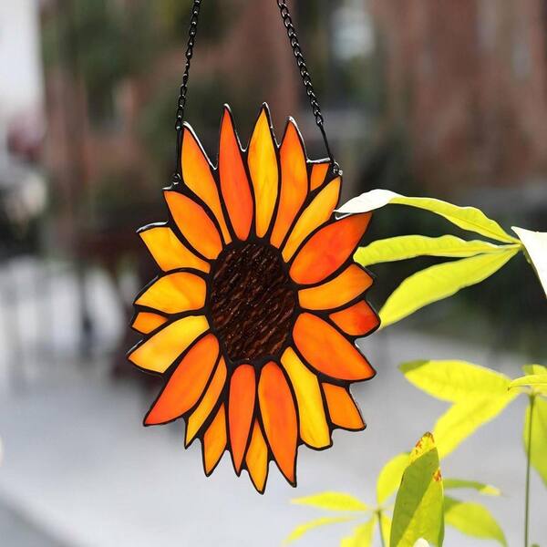 Orange Sun Flower Stained Glass Art Glass Window HD8BFM8DCV - The