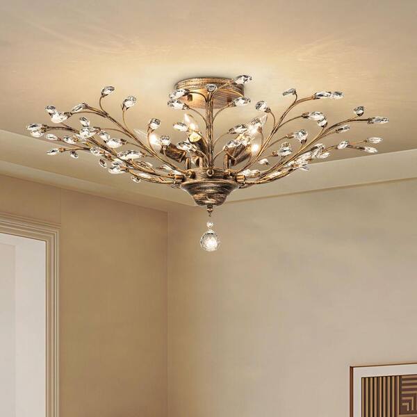 29.92 in. 5-Light Antique Bronze Modern Vintage Crystal Branch Semi-Flush Mount Ceiling Light