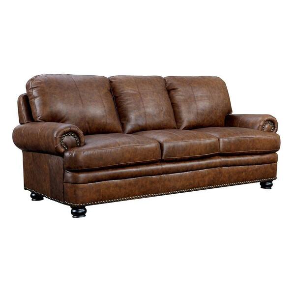 Rheinhardt 36.50 in. Brown Solid Leather 3-Seat English Rolled Arm Sofa with Nailhead