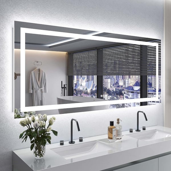 Apmir 72 in. W x 32 in. H Large Rectangular Frameless Double LED Lights Anti-Fog Wall Bathroom ...