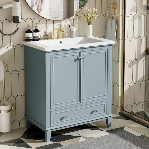 30 in. W x 18 in. D x 34.8 in. H Single Sink Freestanding Sage Bath Vanity with White Ceramic Top and Drawer