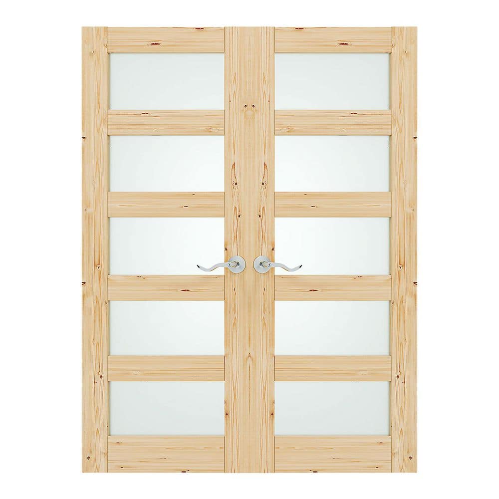 64 in. x 80 in. 5-Lite Frosted Glass, Solid Pine Wood, Assembly Required Interior Door Slab with Silver Curved Doorknob price history on PriceWatchPro