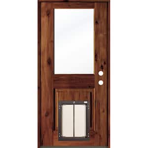 32 in. x 80 in. Knotty Alder Left-Hand/Inswing Clear Glass Red Chestnut Stain Wood Prehung Front Door w/Large Dog Door