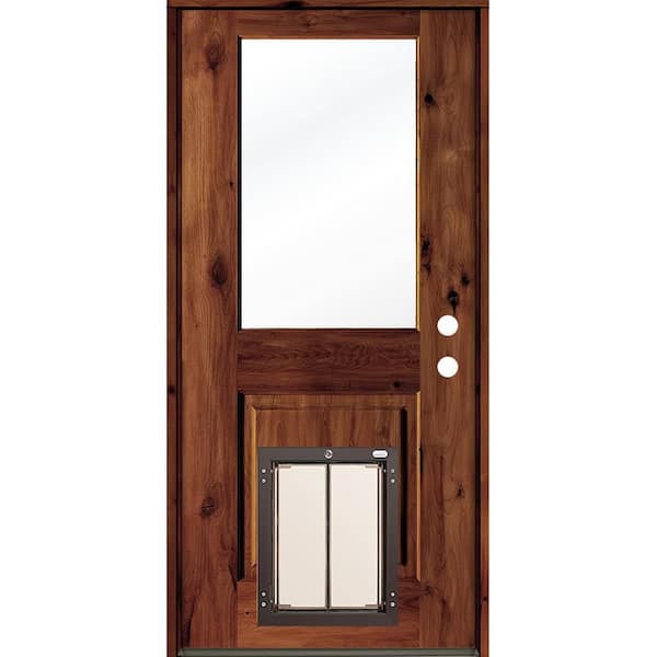 Krosswood Doors 32 in. x 80 in. Knotty Alder Left-Hand/Inswing Clear Glass Red Chestnut Stain Wood Prehung Front Door w/Large Dog Door
