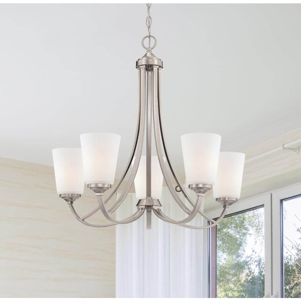 Elegant Mini 5-Light Chandelier in Brushed Nickel with Etched White Glass