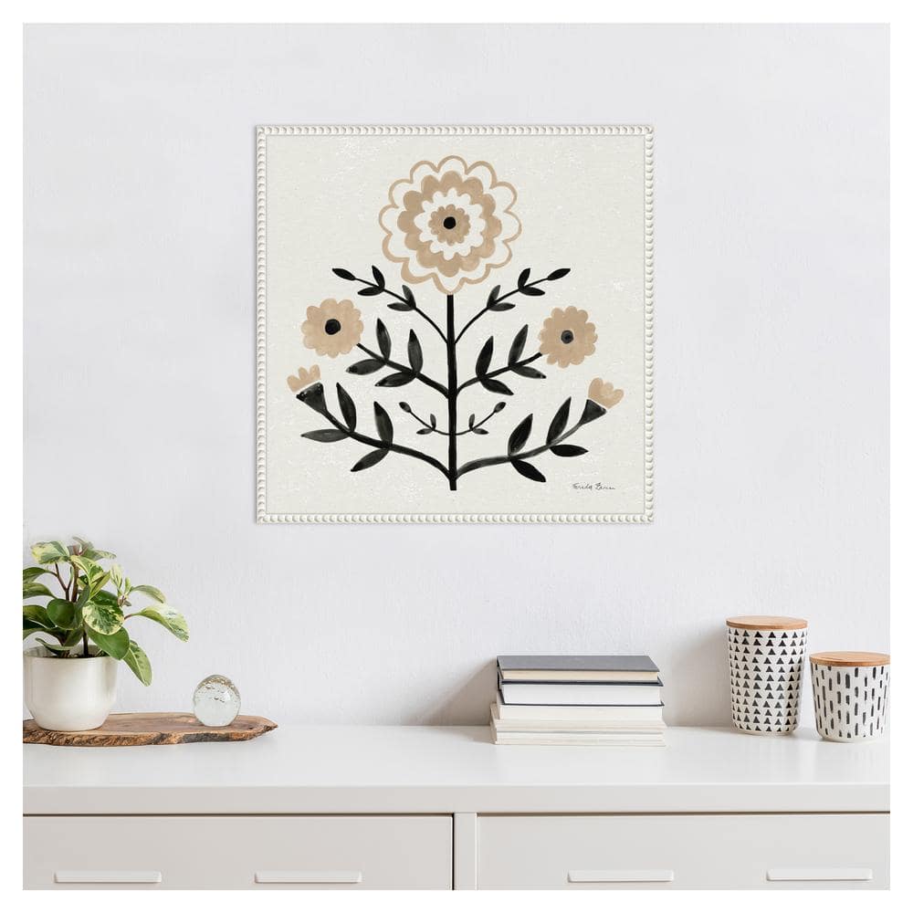 Garden Folk Flowers I Beige and Black Canvas Wall Art with White Frame