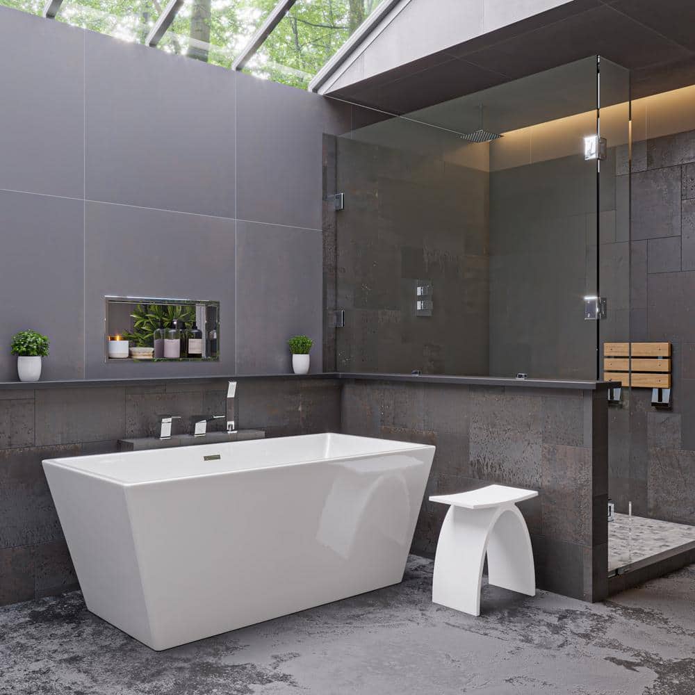 59'' White Rectangular Freestanding Acrylic Soaking Bathtub