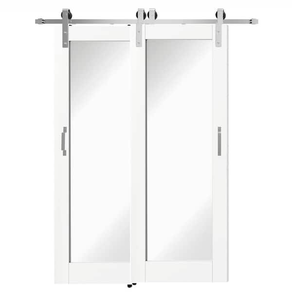 56 in. x 80 in. 1-Lite Mirrored Glass White Primed Pine Wood Bypass Barn Door Slab with Nickel-Plated Hardware Kit Set