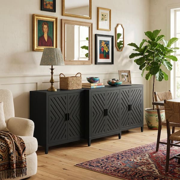 FUFU&GAGA Black 94.5 in. Geometric Storage Cabinet, Sideboard with