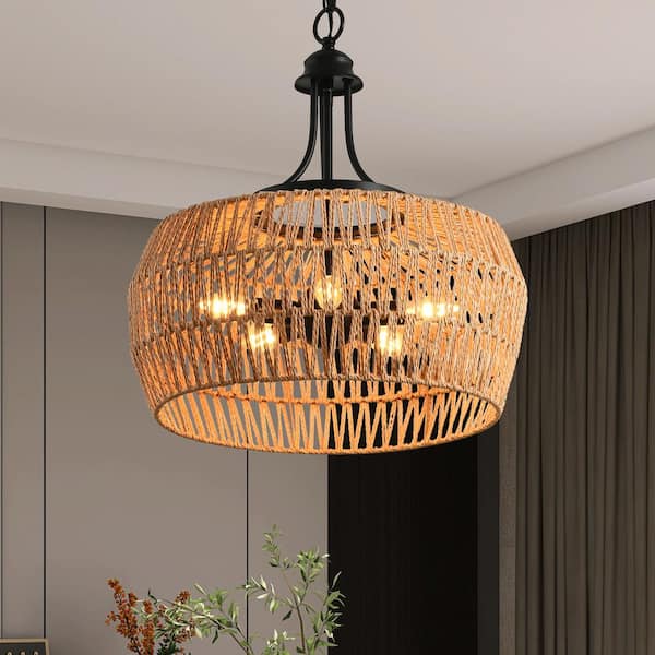 Caneo 19 in. 5-Light Woven Rattan Farmhouse Brown Chandelier Light With Woven Lampshade For Hallway, Island, Dining Room