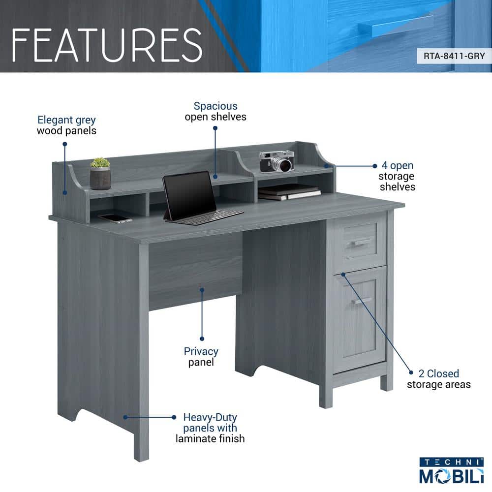 Modern Gray Wood-Design Office Desk with Hutch and Drawers