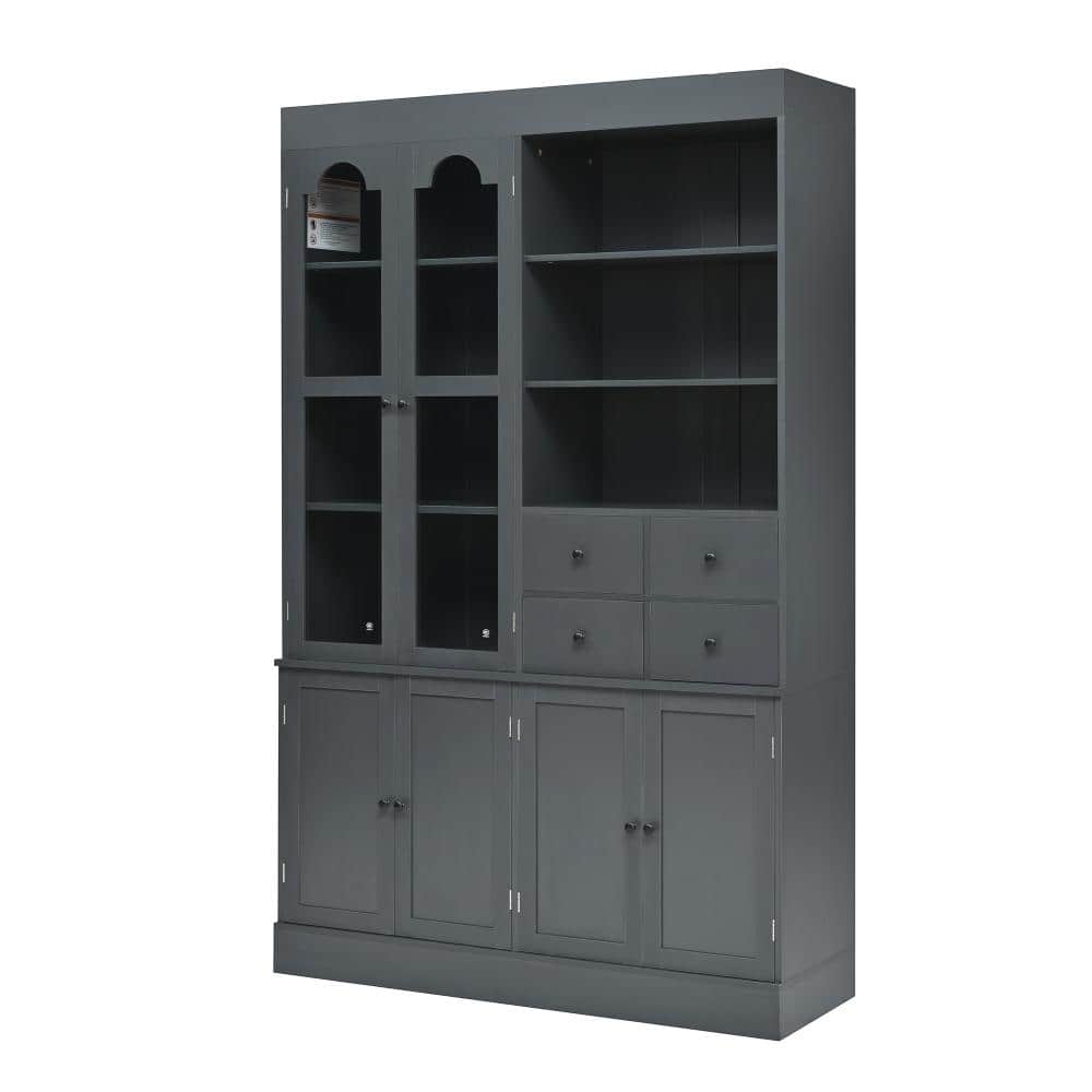 Gray MDF 47.2 in. x 75 in. Pantry Cabinet with 4 Drawers, Pull-Out Trays and Tempered Glass Doors